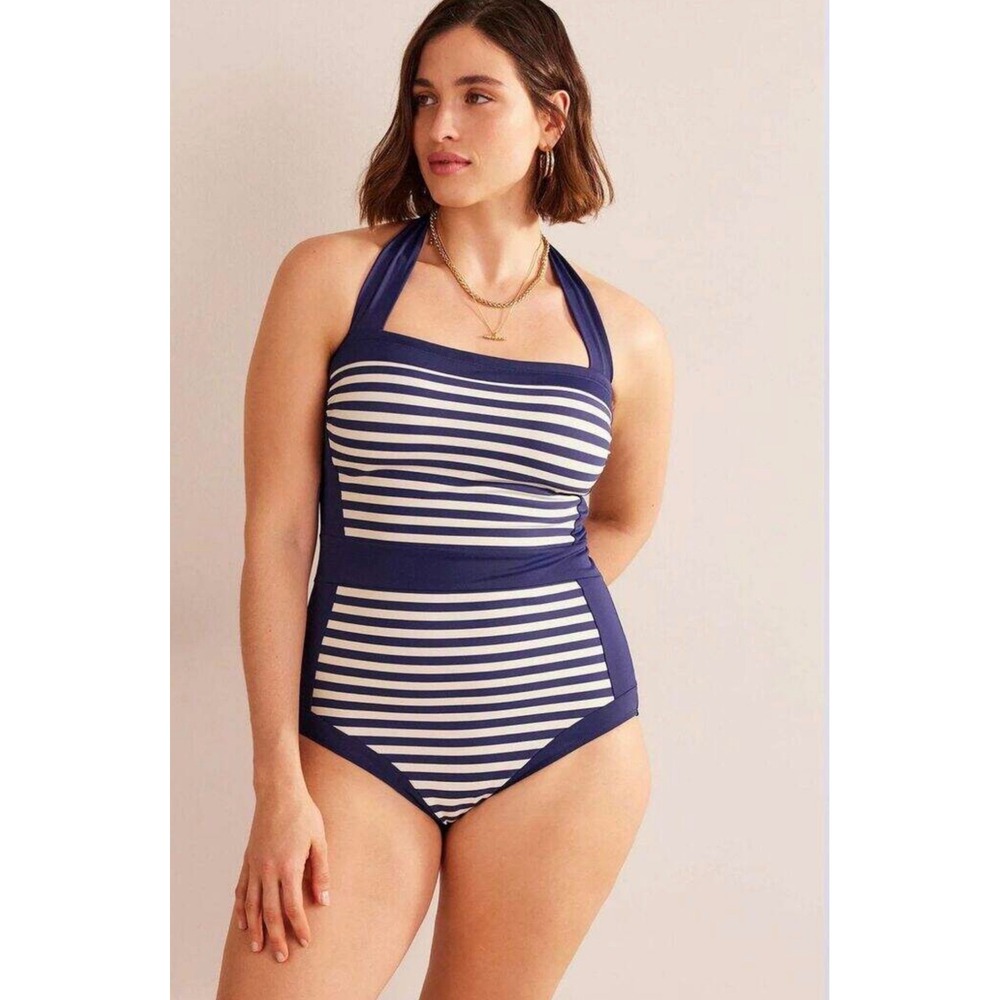 Boden Santorini One Piece Swimsuit Navy White Striped Halter Neck Size 12L
